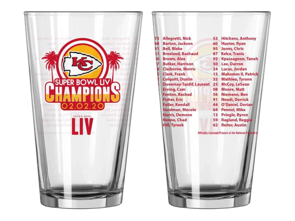 Kansas City Chiefs 2020 Super Bowl LIV Champions Clear Roster Pint Glass (16oz)