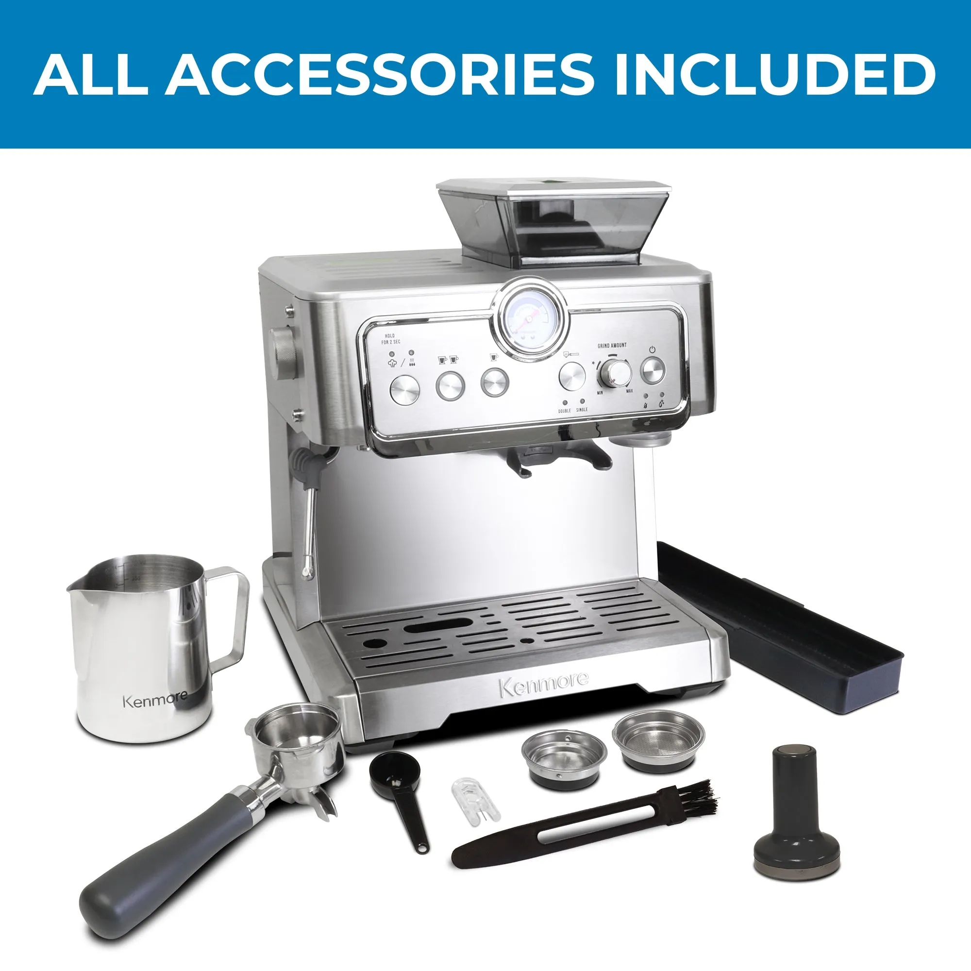 Kenmore Espresso Machine With Grinder And Milk Frother, 15 Bar Semi Automatic Espresso Coffee Maker, All In One Cappuccino And Latte Machine For The Home Barista, Brushed Stainless Steel