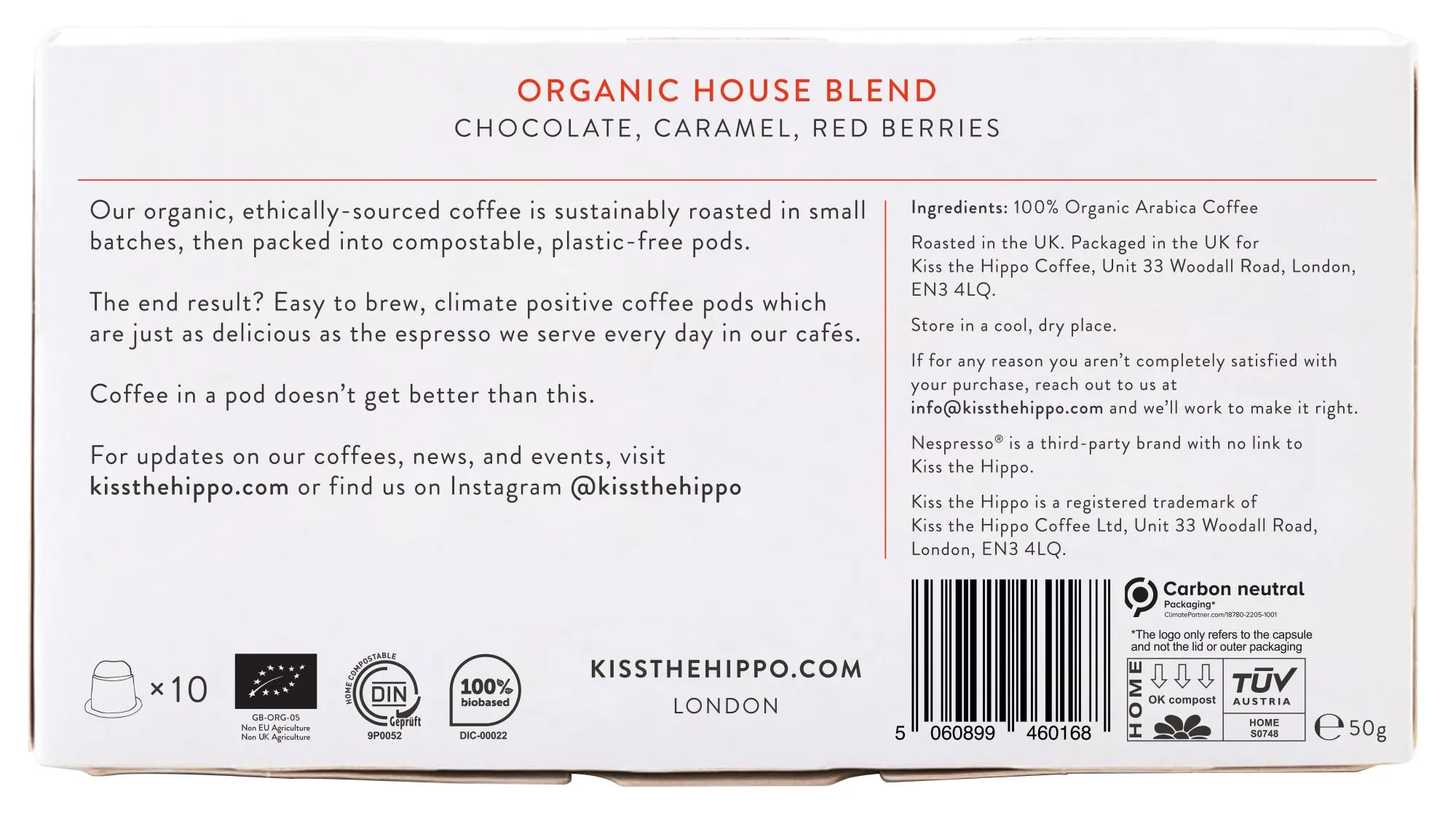 Kiss the Hippo Coffee Organic House Blend Pods 10 pods