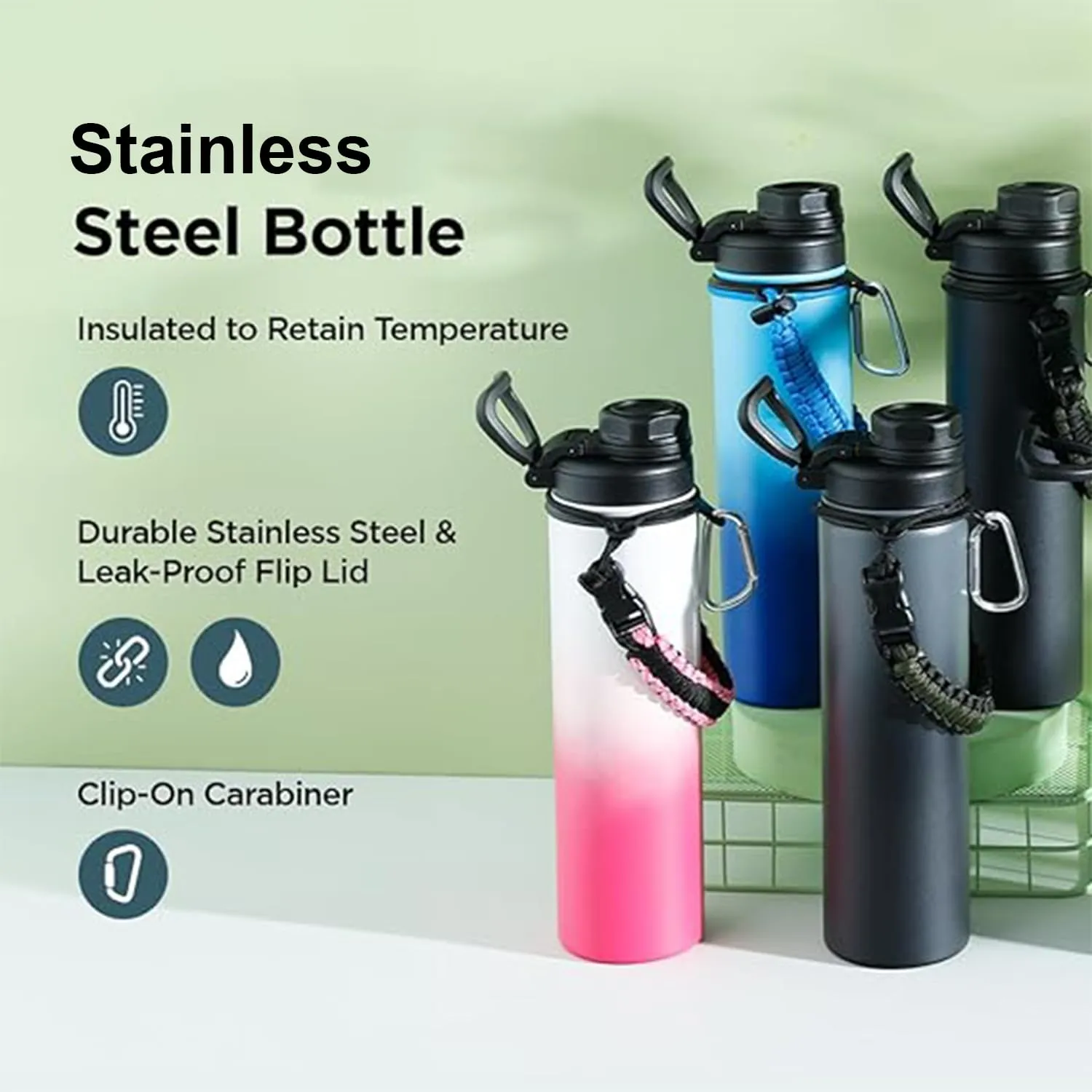 Kuber Industries Water Bottle | Steel Water Bottle for Daily Use | Vacuum Insulated Flask Water Bottle with Rope | Hot & Cold Water Bottle | 720 ML | LX-230601 | Pack of 4 | Black