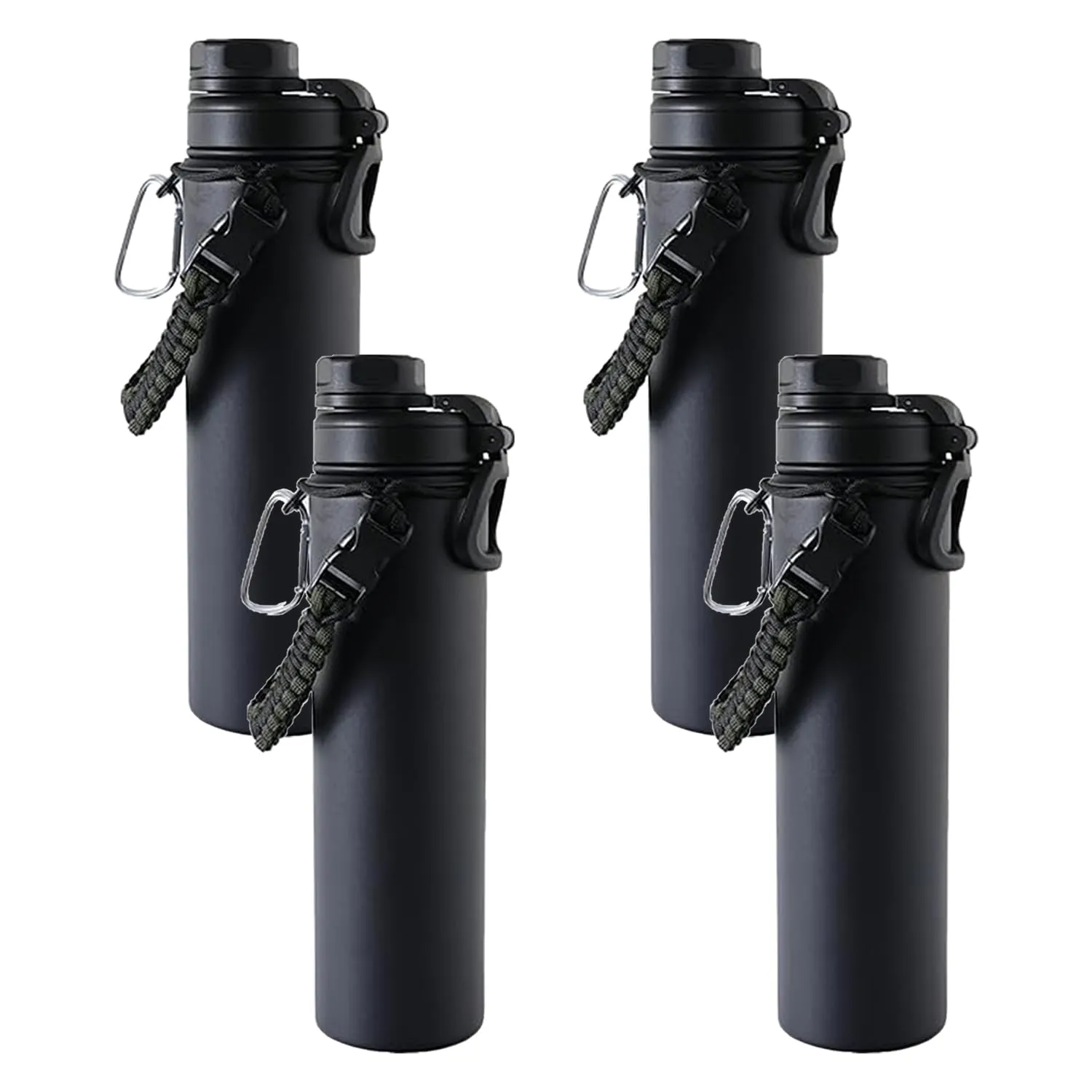 Kuber Industries Water Bottle | Steel Water Bottle for Daily Use | Vacuum Insulated Flask Water Bottle with Rope | Hot & Cold Water Bottle | 720 ML | LX-230601 | Pack of 4 | Black