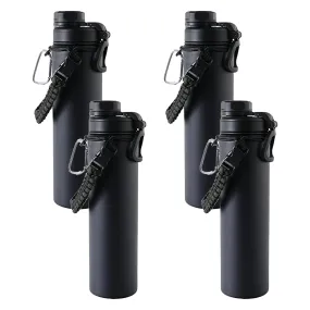 Kuber Industries Water Bottle | Steel Water Bottle for Daily Use | Vacuum Insulated Flask Water Bottle with Rope | Hot & Cold Water Bottle | 720 ML | LX-230601 | Pack of 4 | Black