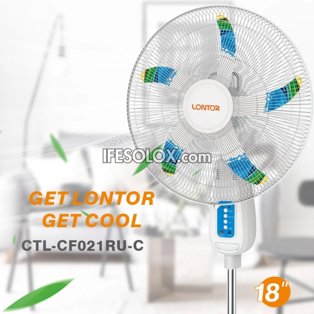 LONTOR 18" Rechargeable Standing Solar Fan with 5-Blades, Remote and Night Light (CTL-CF021RU-C) - Brand New