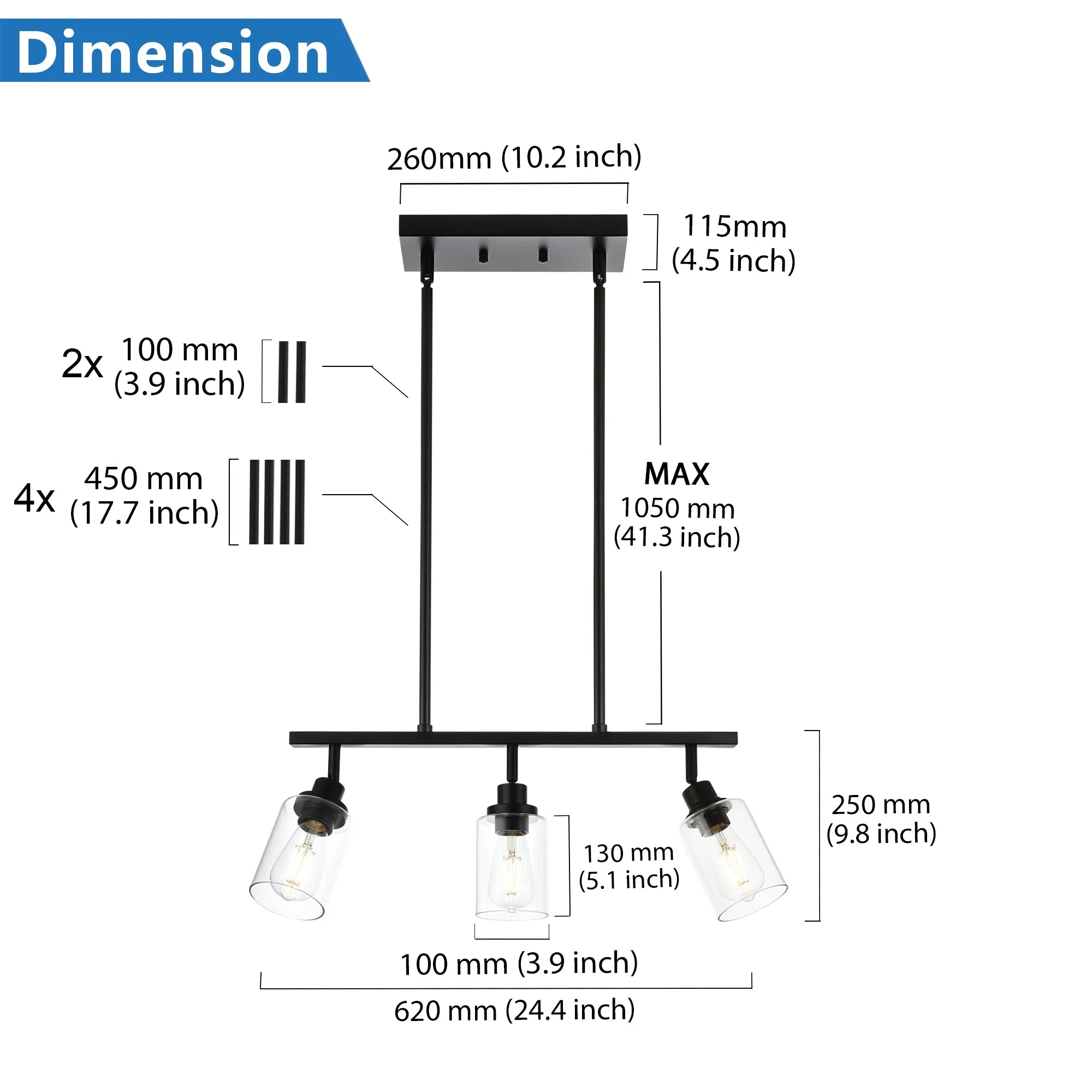 MELUCEE Track Lighting Fixtures Ceiling Hanging 3 Lights Linear Chandelier Black Finish with Pivoting Track Heads, Clear Glass Shade