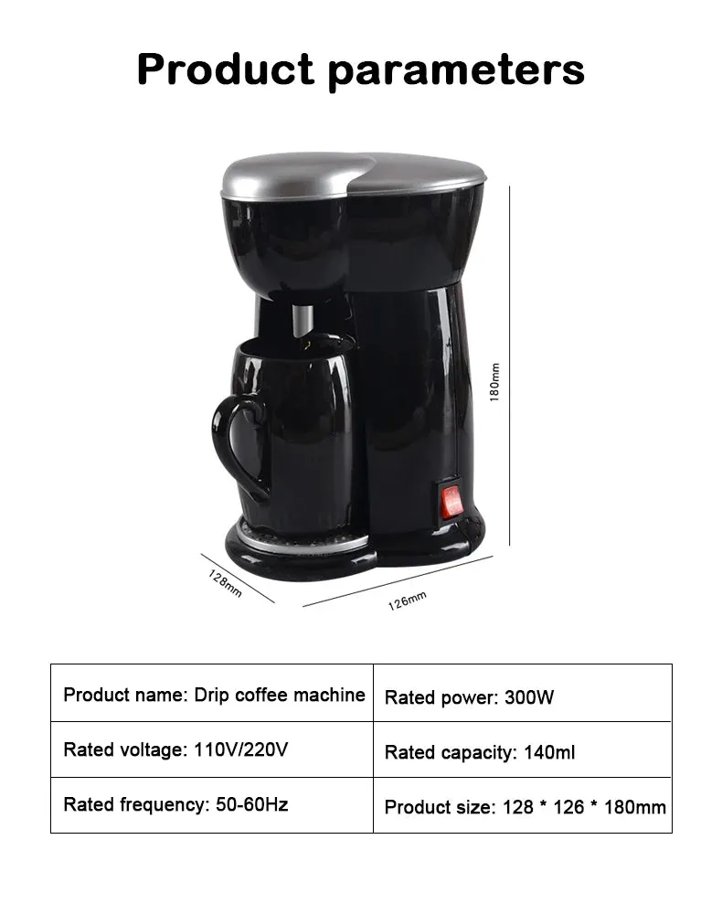 Mini Single-Cup Electric Coffee Maker - 110V, 300W, Drip Brew