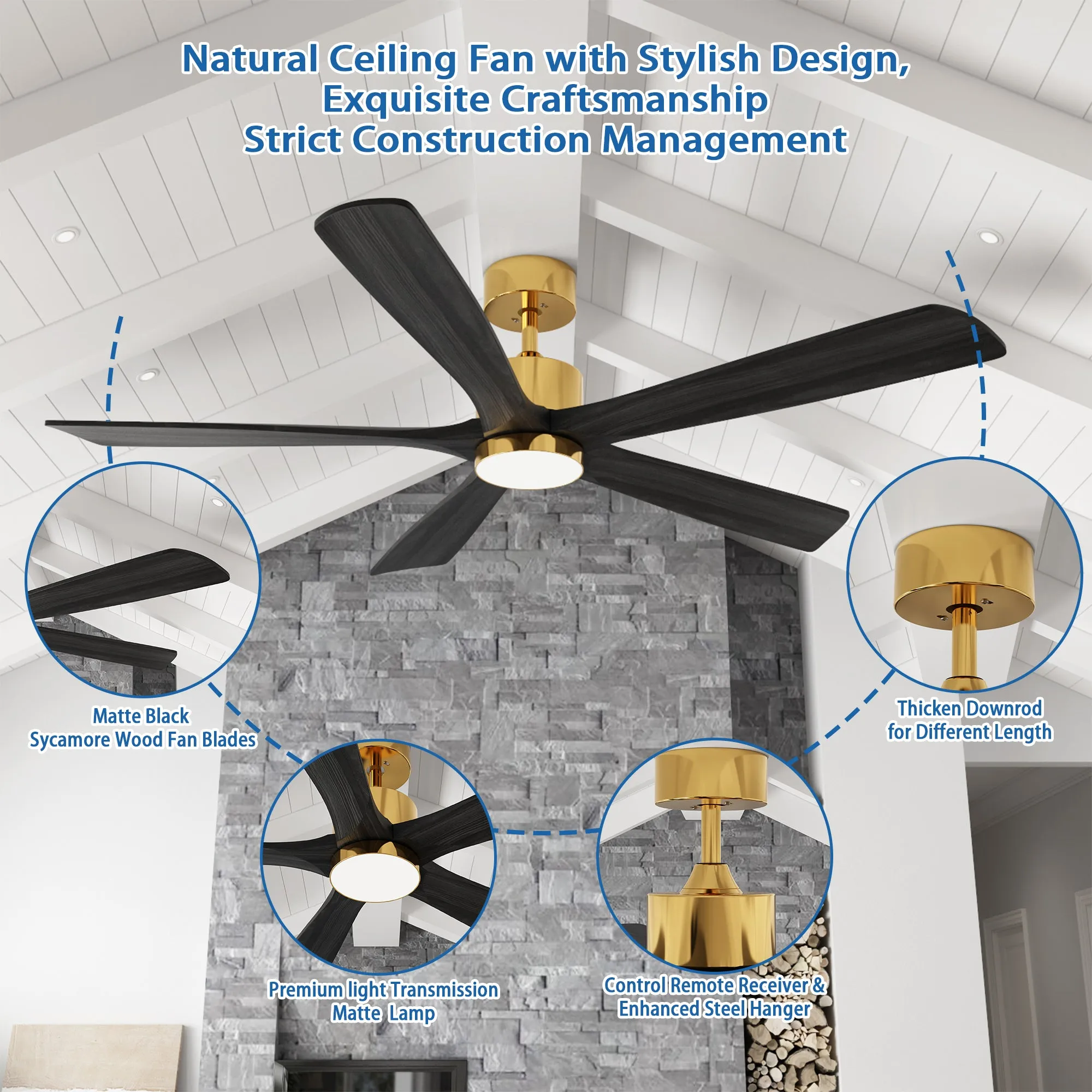 Modern Ceiling Fan With 5 Solid Wood Blades And Lights