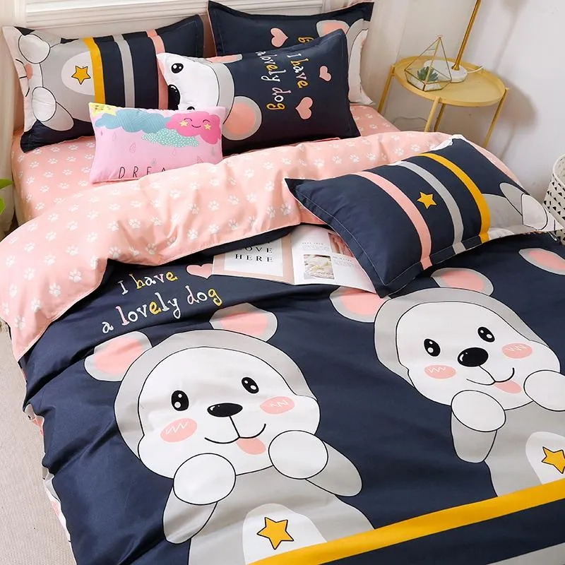 Navy Blue & Pink Puppy Print Bedding Set