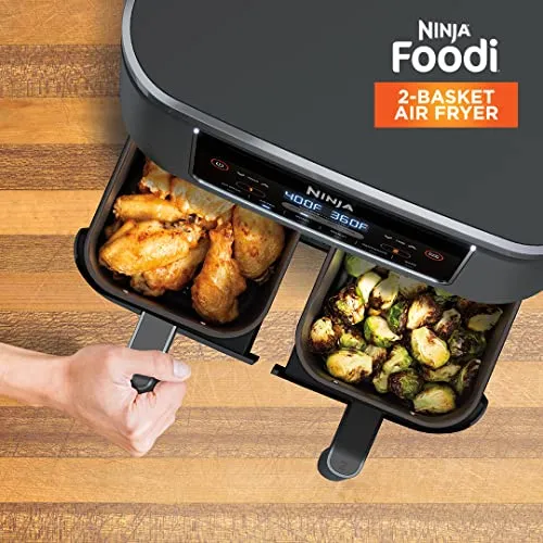 Ninja Foodi 6-in-1 8-qt. (7.6L) 2-Basket Air Fryer DualZone Technology, Match Cook & Smart Finish to Roast, Broil, Dehydrate & More for Quick, Easy Meals, Slate Grey (DZ201C) Canadian Version