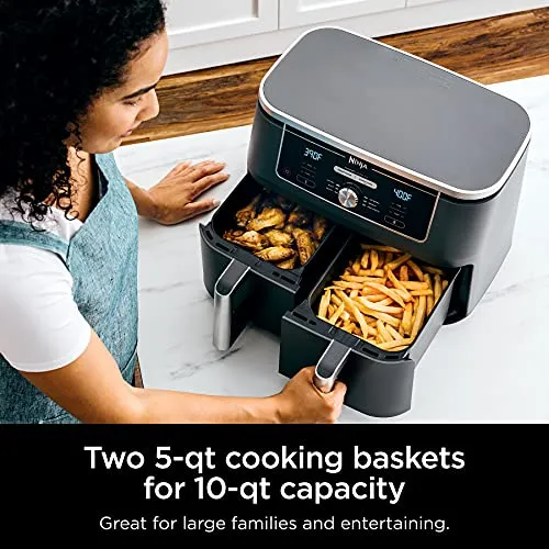 Ninja Foodi 6-in-1 8-qt. (7.6L) 2-Basket Air Fryer DualZone Technology, Match Cook & Smart Finish to Roast, Broil, Dehydrate & More for Quick, Easy Meals, Slate Grey (DZ201C) Canadian Version