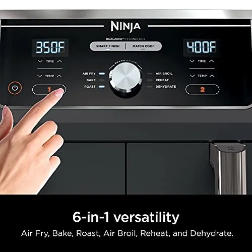 Ninja Foodi 6-in-1 8-qt. (7.6L) 2-Basket Air Fryer DualZone Technology, Match Cook & Smart Finish to Roast, Broil, Dehydrate & More for Quick, Easy Meals, Slate Grey (DZ201C) Canadian Version