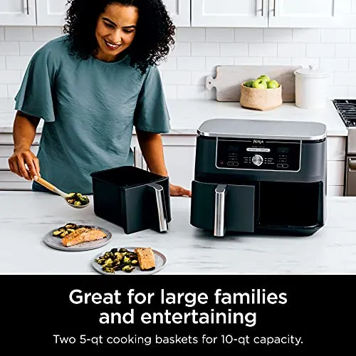 Ninja Foodi 6-in-1 8-qt. (7.6L) 2-Basket Air Fryer DualZone Technology, Match Cook & Smart Finish to Roast, Broil, Dehydrate & More for Quick, Easy Meals, Slate Grey (DZ201C) Canadian Version