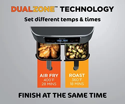 Ninja Foodi 6-in-1 8-qt. (7.6L) 2-Basket Air Fryer DualZone Technology, Match Cook & Smart Finish to Roast, Broil, Dehydrate & More for Quick, Easy Meals, Slate Grey (DZ201C) Canadian Version