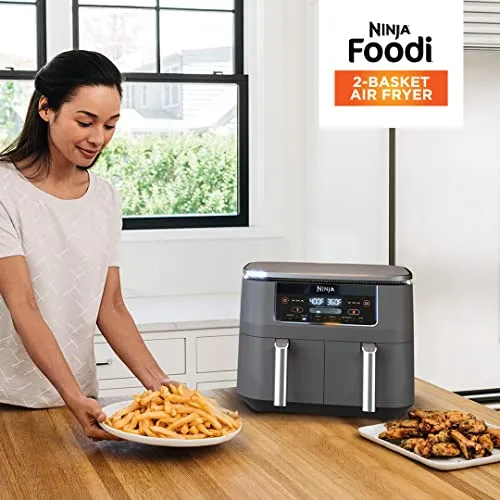 Ninja Foodi 6-in-1 8-qt. (7.6L) 2-Basket Air Fryer DualZone Technology, Match Cook & Smart Finish to Roast, Broil, Dehydrate & More for Quick, Easy Meals, Slate Grey (DZ201C) Canadian Version