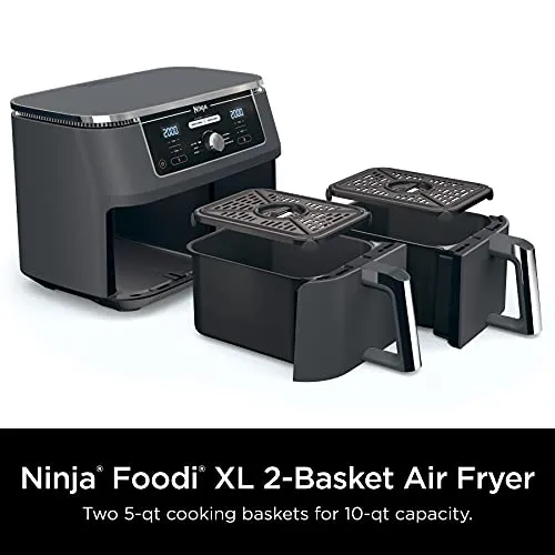 Ninja Foodi 6-in-1 8-qt. (7.6L) 2-Basket Air Fryer DualZone Technology, Match Cook & Smart Finish to Roast, Broil, Dehydrate & More for Quick, Easy Meals, Slate Grey (DZ201C) Canadian Version