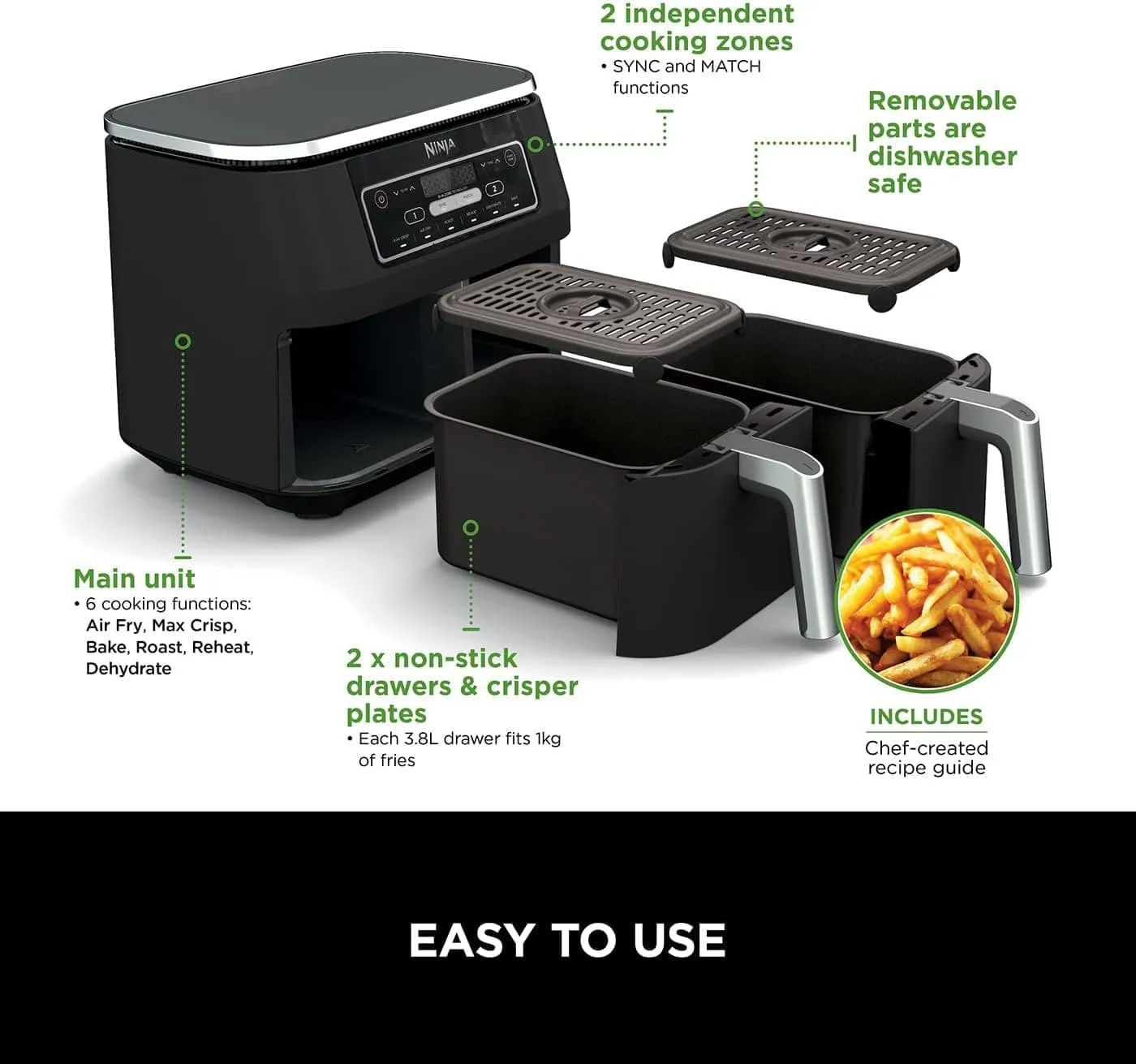 Ninja Foodi Dual Zone Digital Air Fryer, 2 Drawers, 7.6L, 6-in-1 Cooks 4-6 Portions, Non-Stick, Dishwasher Safe Baskets, Black