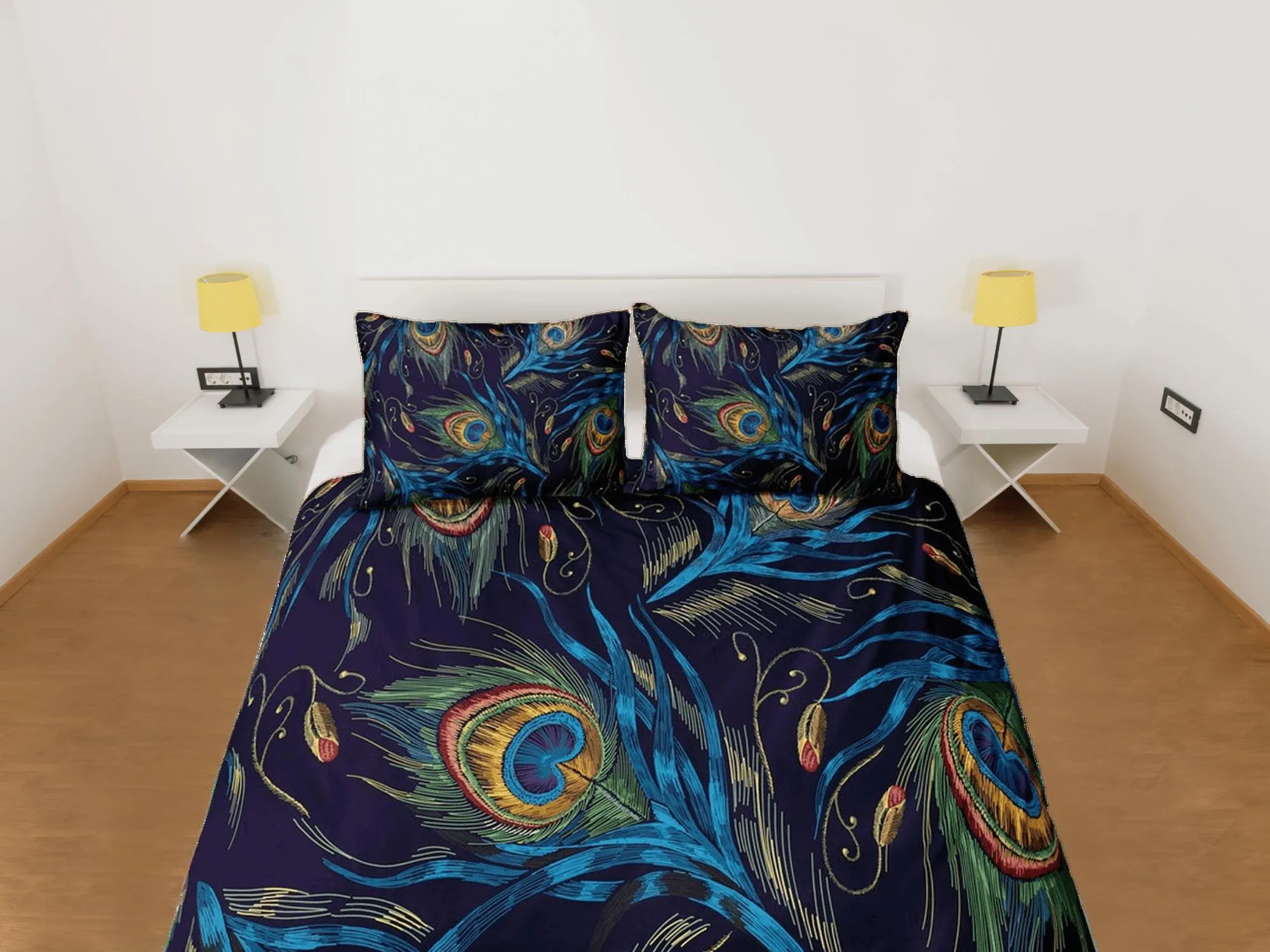 Peacock feather prints aesthetic bedding set full, luxury duvet cover queen, king, boho duvet, designer bedding, maximalist decor bedspread