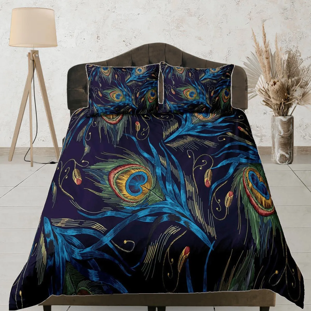 Peacock feather prints aesthetic bedding set full, luxury duvet cover queen, king, boho duvet, designer bedding, maximalist decor bedspread