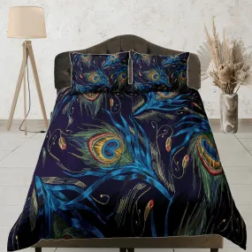 Peacock feather prints aesthetic bedding set full, luxury duvet cover queen, king, boho duvet, designer bedding, maximalist decor bedspread