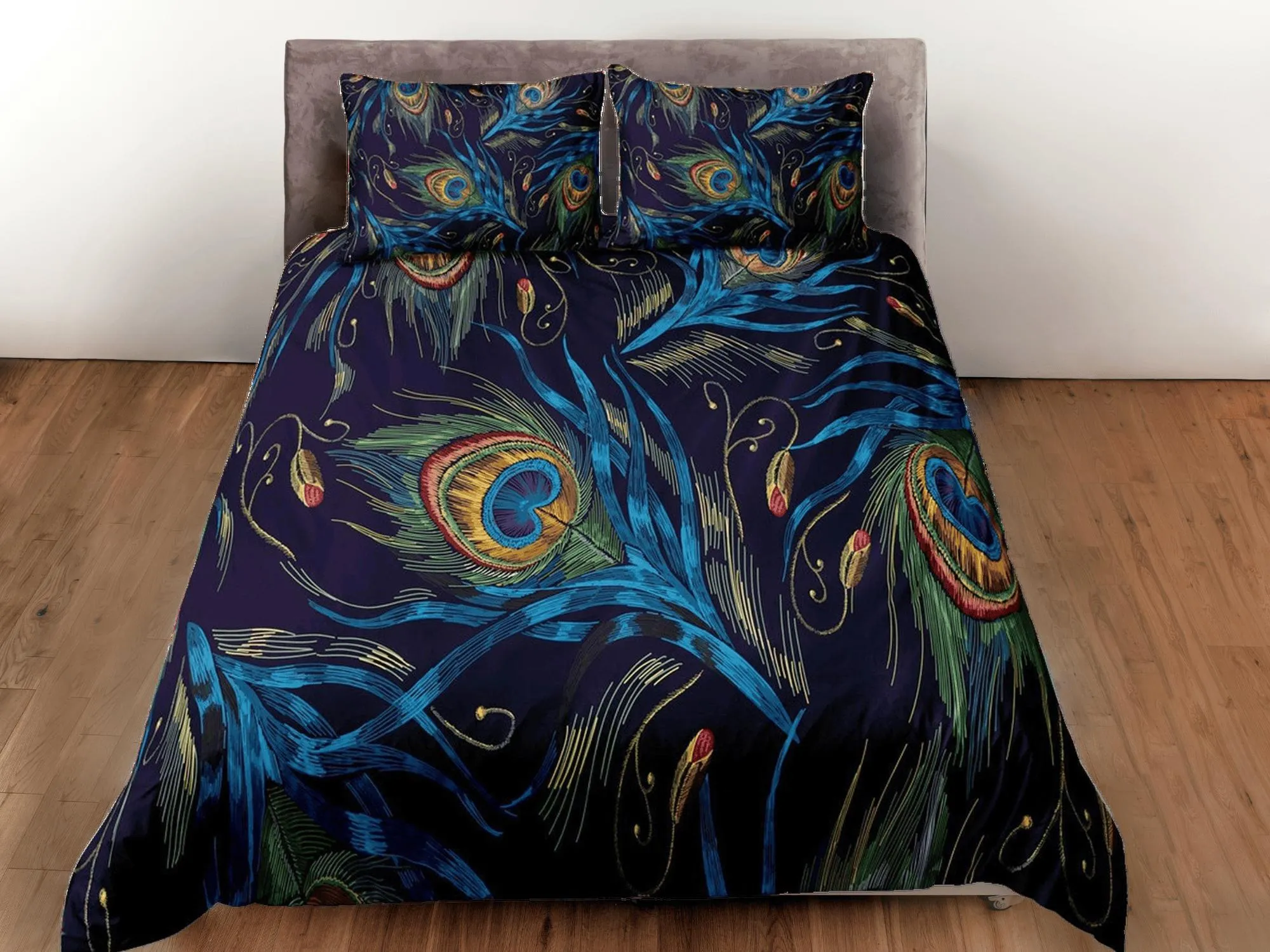 Peacock feather prints aesthetic bedding set full, luxury duvet cover queen, king, boho duvet, designer bedding, maximalist decor bedspread