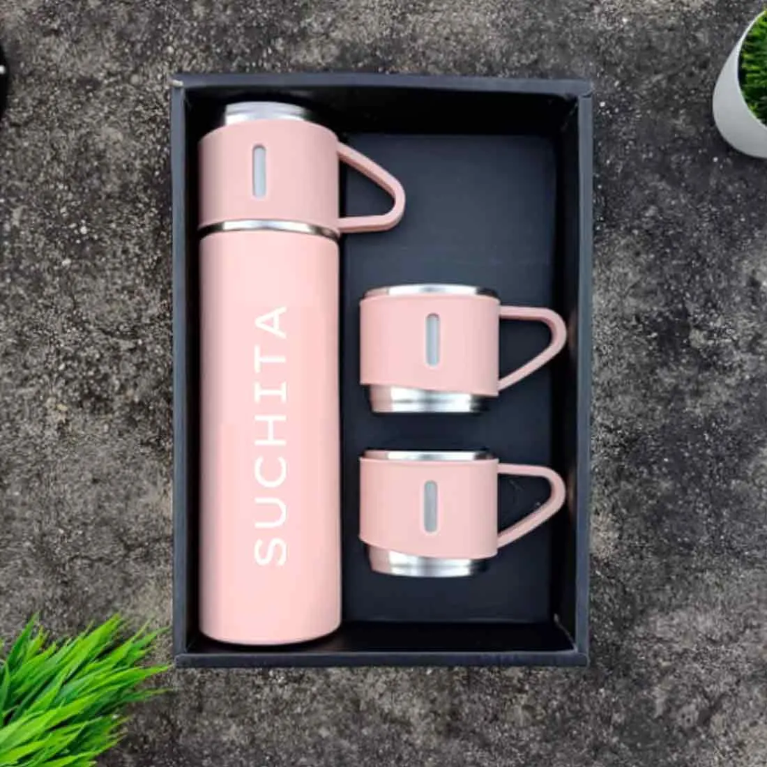 Personalised Travel Mug Thermos With 2 Cups Gift Box Set - Add Name