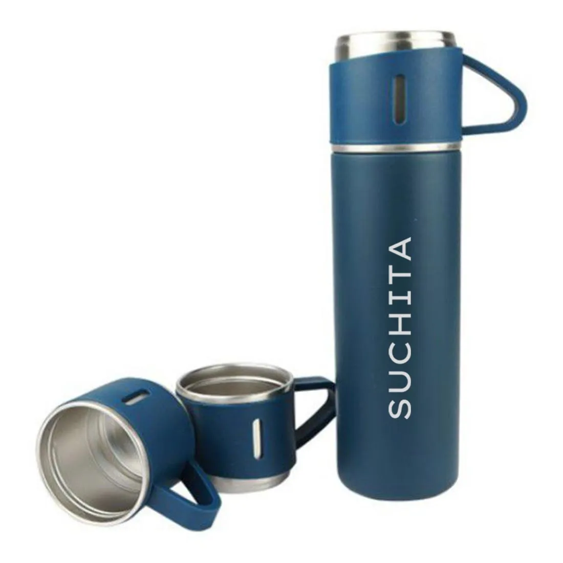 Personalised Travel Mug Thermos With 2 Cups Gift Box Set - Add Name