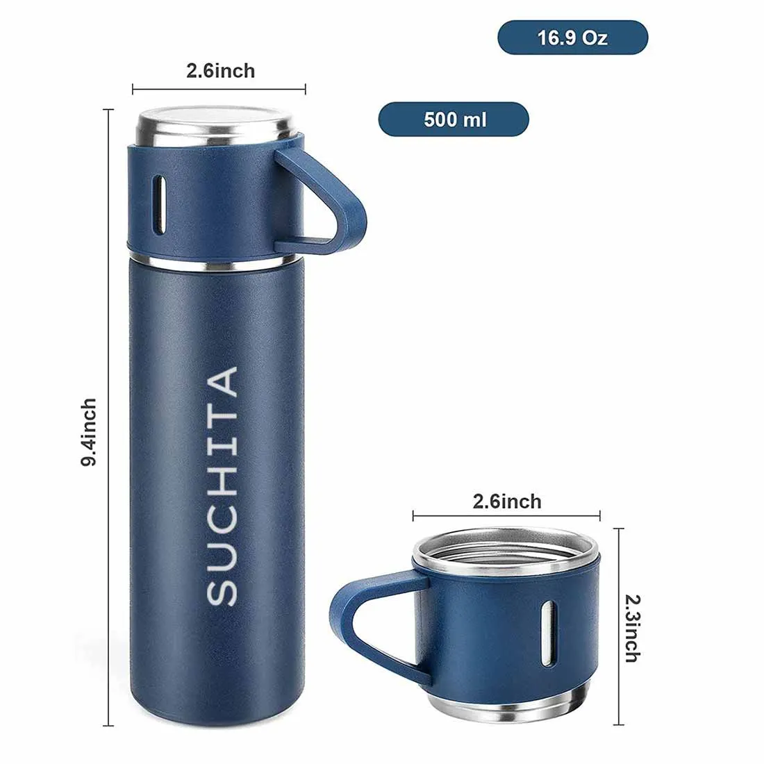 Personalised Travel Mug Thermos With 2 Cups Gift Box Set - Add Name