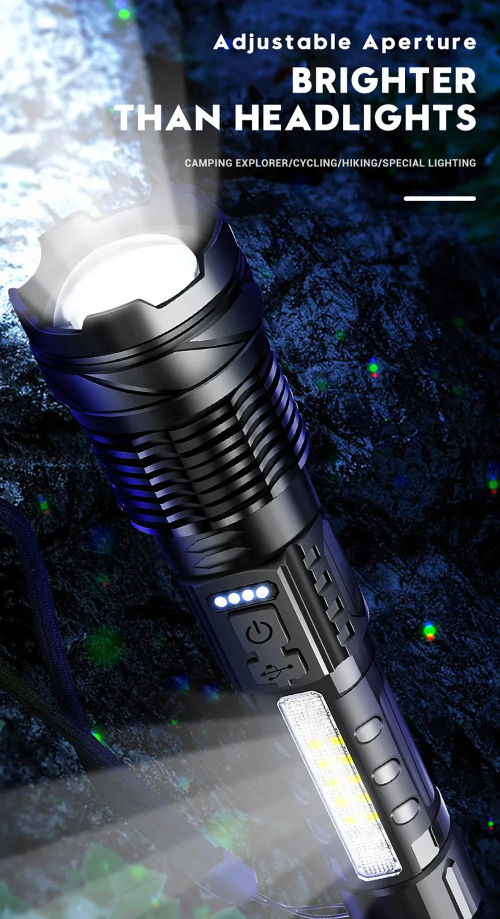 Powerful a76 torch GT10 High beam LED A76 Flashlight Waterproof With Side Light 7 Modes