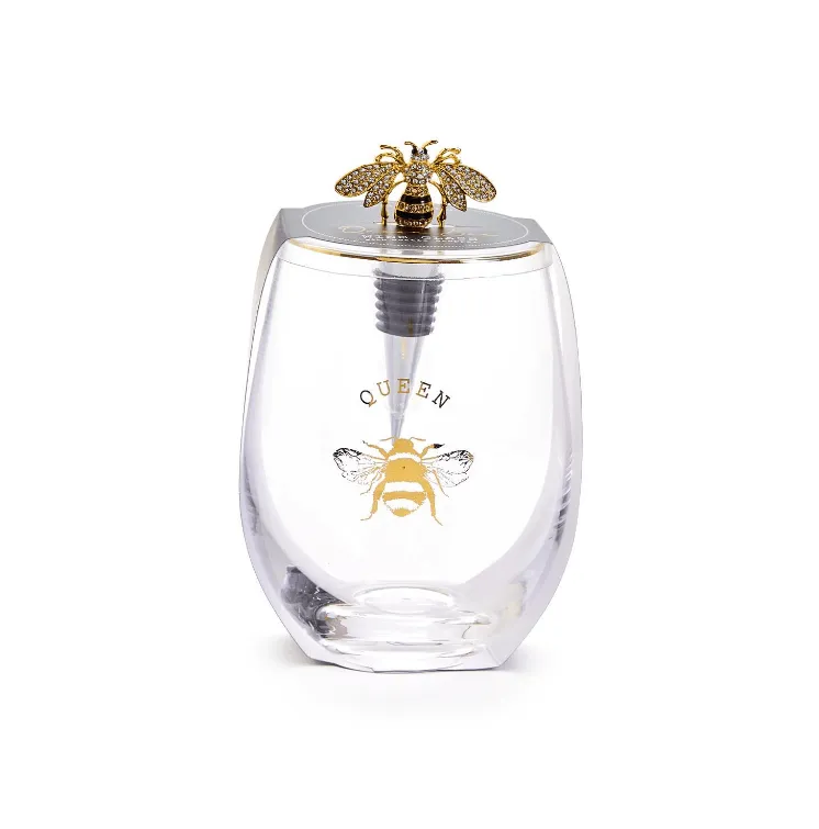 Queen Bee Stemless Wine Glass and Wine Stopper