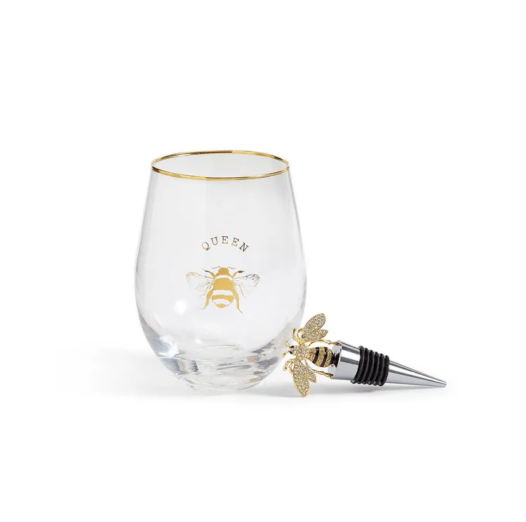 Queen Bee Stemless Wine Glass and Wine Stopper