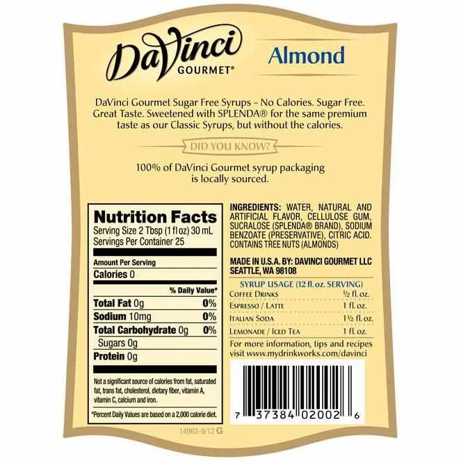 Sugar Free Almond DaVinci Syrup Bottle - 750mL