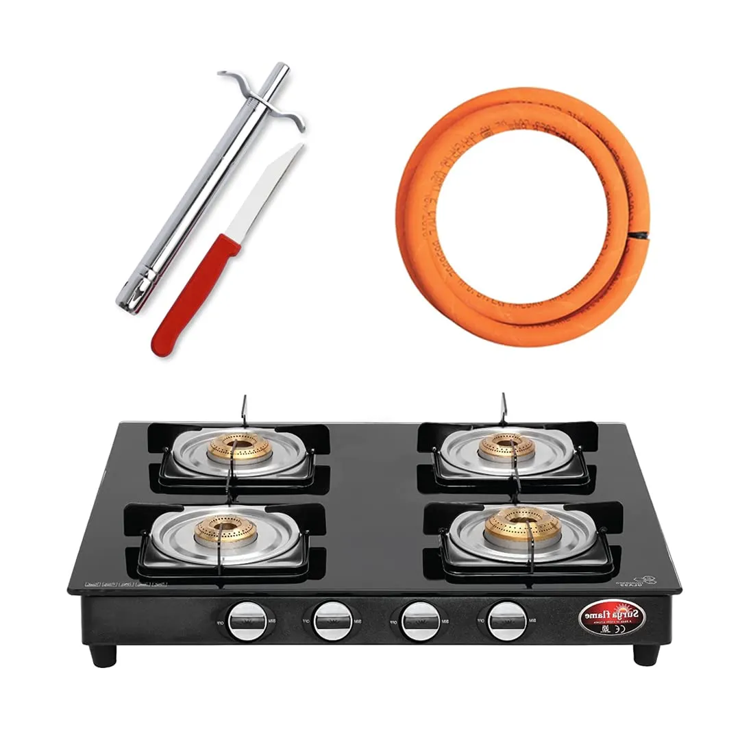 Surya Flame Nexa LPG Gas Stove 4 Burners Glass Top | LPG Gas Dual Layer Rubber Hose Pipe 1.5M | Premier Stainless Steel Gas Lighter with Knife