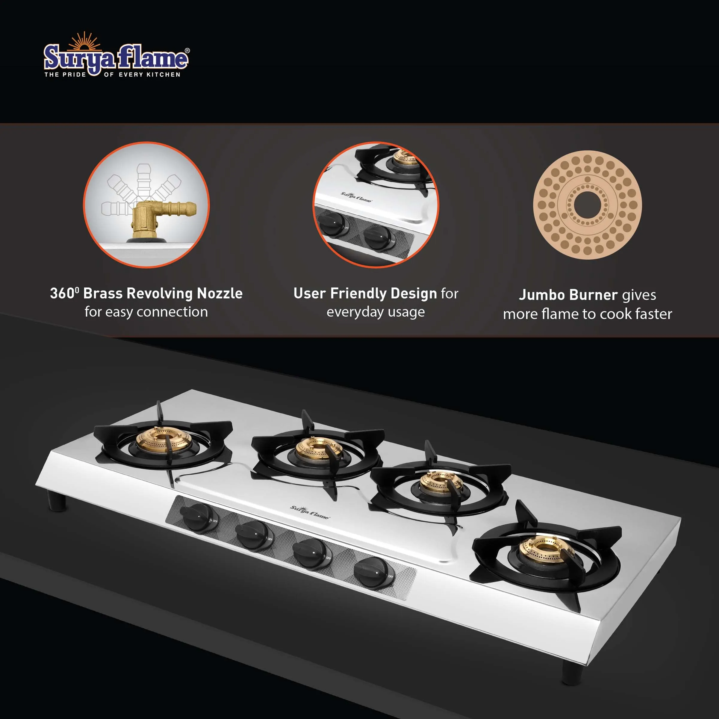 Surya Flame Olympus Gas Stove LPG Stove with Stainless Steel Pan Support Anti Skid Rubber Legs - 2 Years Complete Doorstep Warranty (4 Burner, 2)