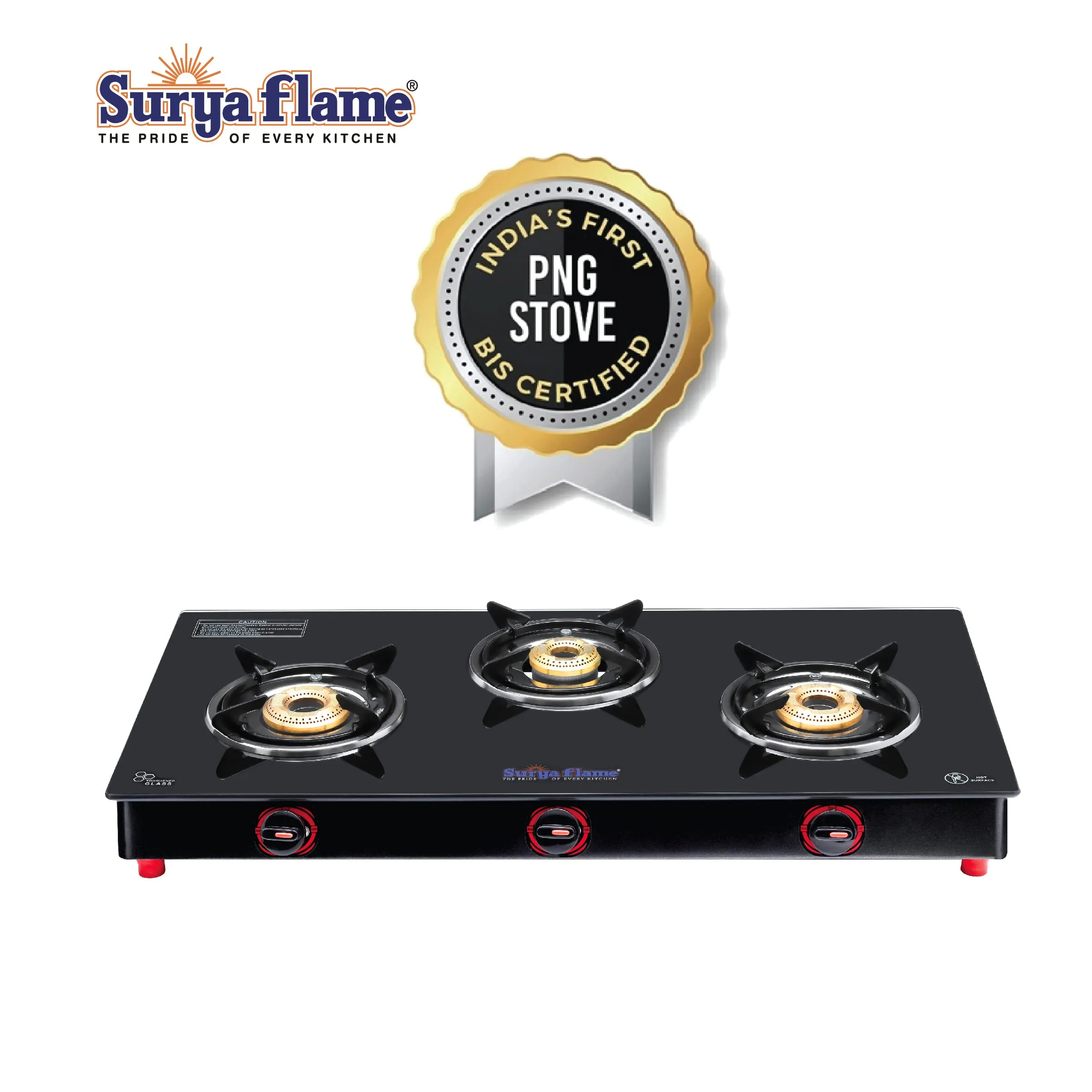 Surya Flame Smart Gas Stove 3 Burners Glass Top | India's First ISI Certifed Black Body PNG Stove | Direct use for Pipeline Gas - 2 Years Complete Doorstep Warranty(Pack of 2)