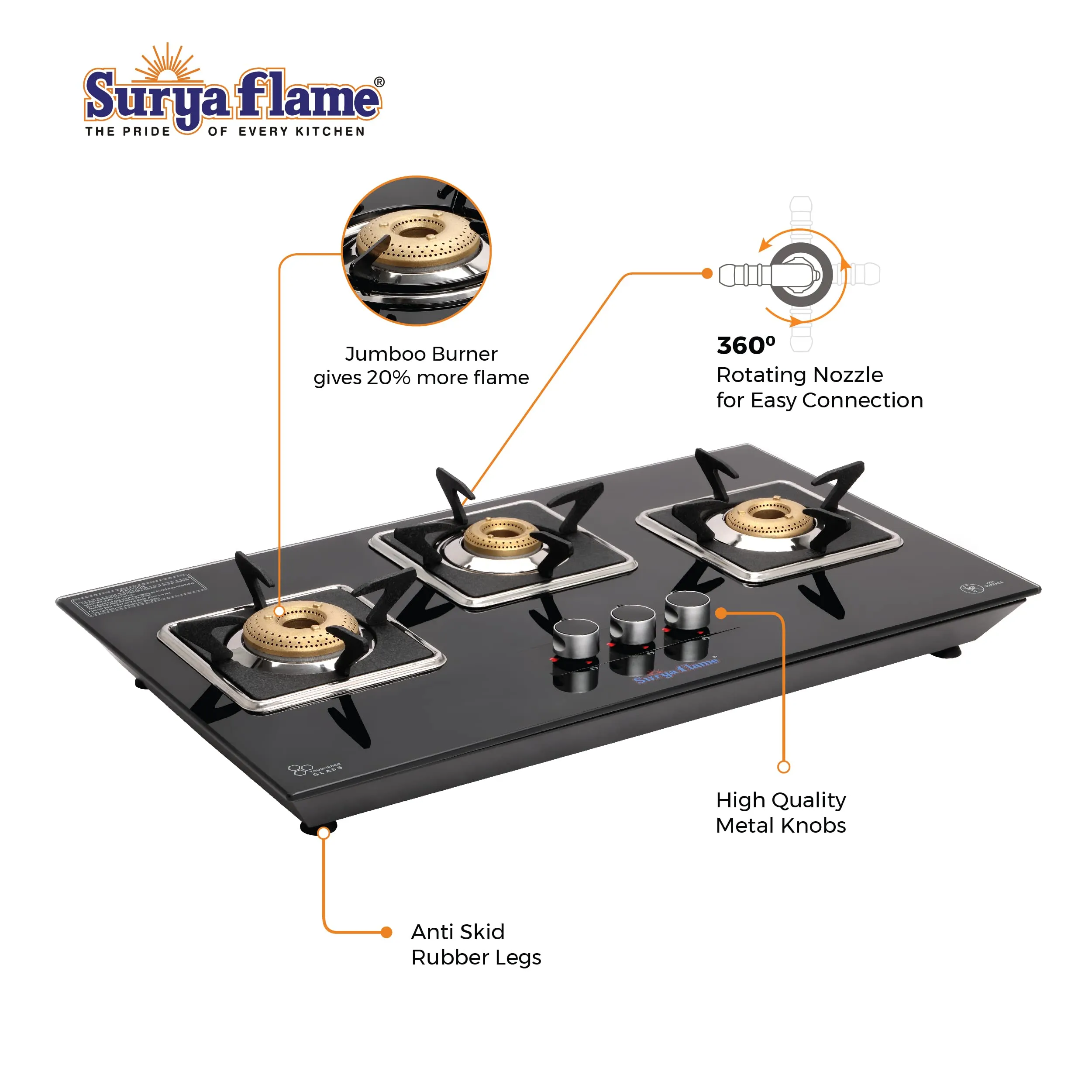 SuryaFlame Apollo Square Hob Top 3 Burners Manual Glass Stove | LPG Gas Dual Layer Rubber Hose Pipe 1.5M | Premier Stainless Steel Gas Lighter with Knife