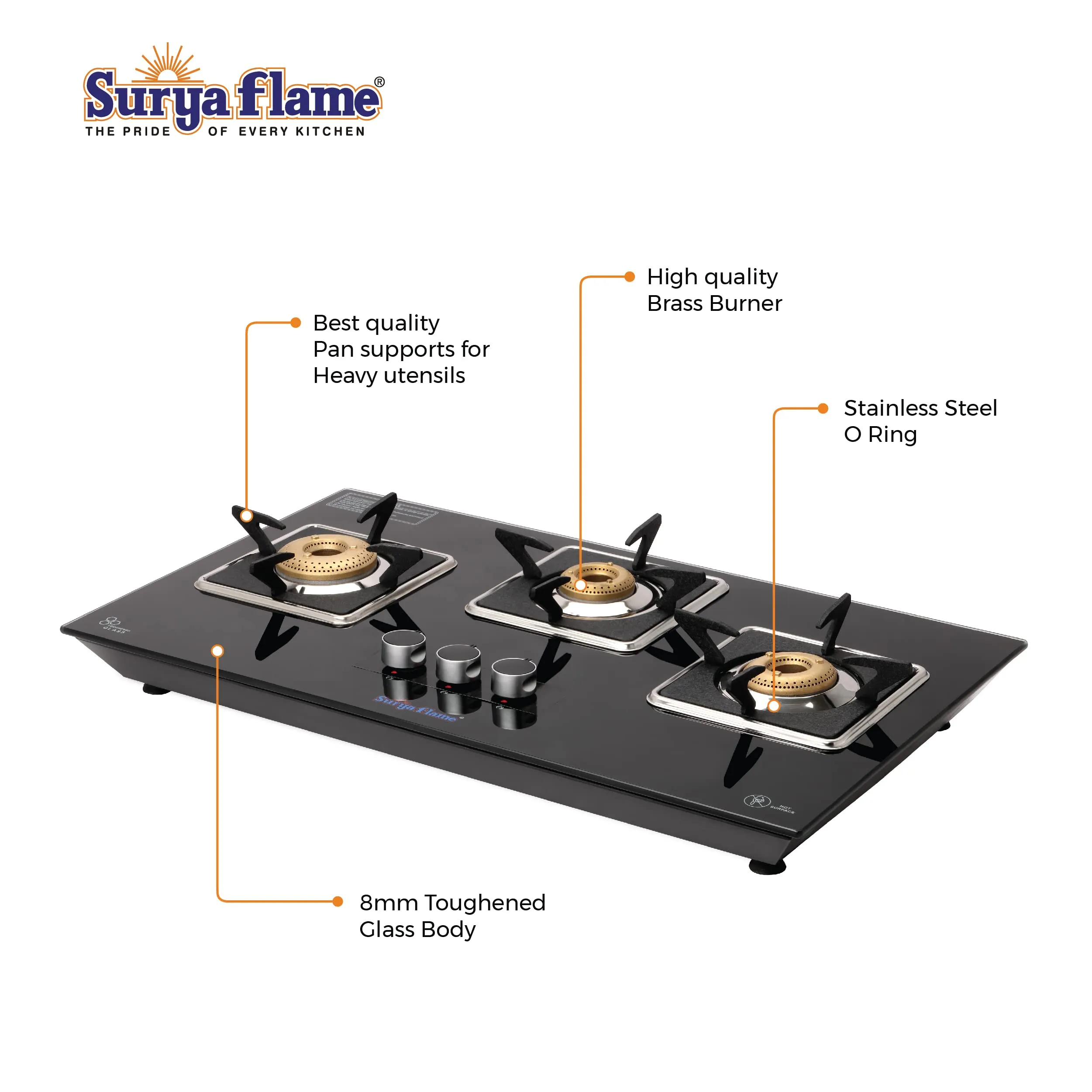 SuryaFlame Apollo Square Hob Top 3 Burners Manual Glass Stove | LPG Gas Dual Layer Rubber Hose Pipe 1.5M | Premier Stainless Steel Gas Lighter with Knife