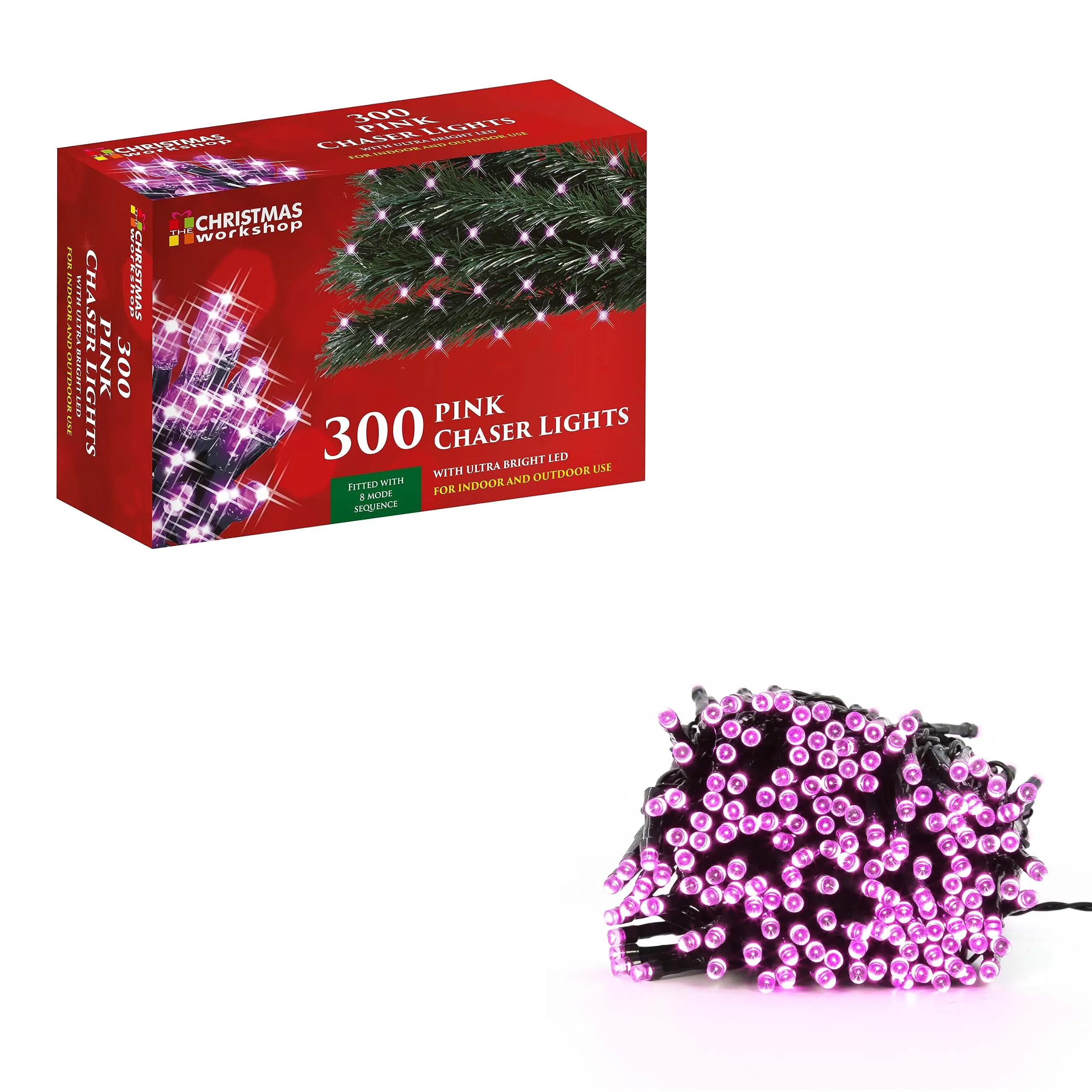 The Christmas Workshop 78020 300 Pink LED Chaser Christmas Lights / Indoor or Outdoor Fairy Lights / 20.9 Metres / 8 Light Modes / Great For Christmas, Weddings & Gardens