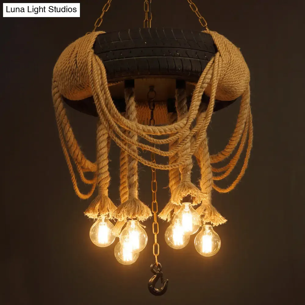 Vintage Automobile Tire Pendant Light for Restaurants - Black Industrial Rope Suspension