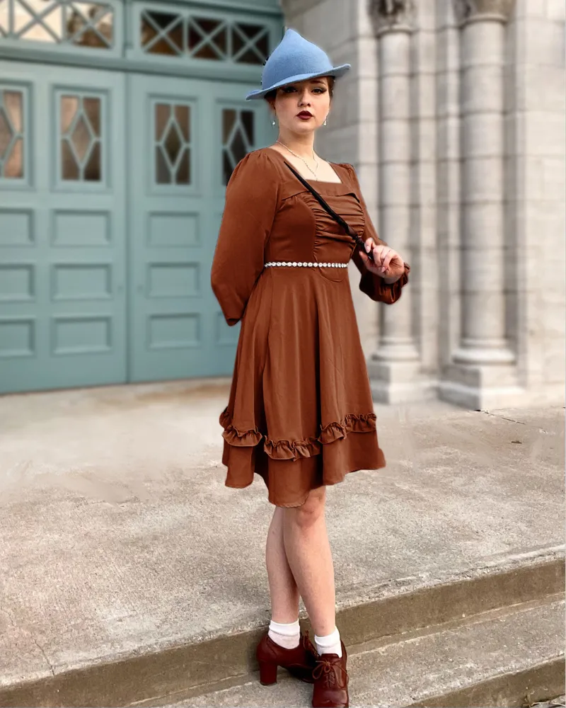 Vintage Fans Look of Square Neck Dress Long Sleeve Above Knee A-Line Dress