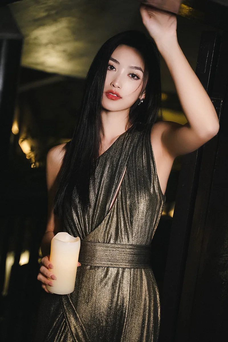 Vintage Gold Slanted Shoulder Light Dress