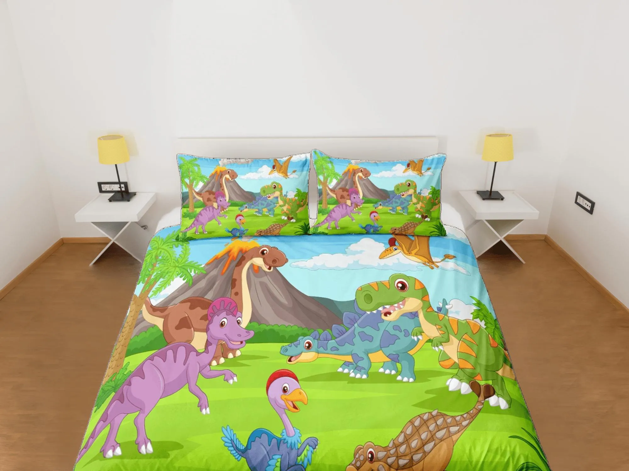 Volcano dinosaur bedding, kids bedding full, cute duvet cover set, dinosaur nursery bed decor, colorful bedding, baby dinosaur, toddler