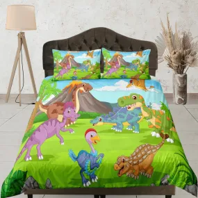 Volcano dinosaur bedding, kids bedding full, cute duvet cover set, dinosaur nursery bed decor, colorful bedding, baby dinosaur, toddler