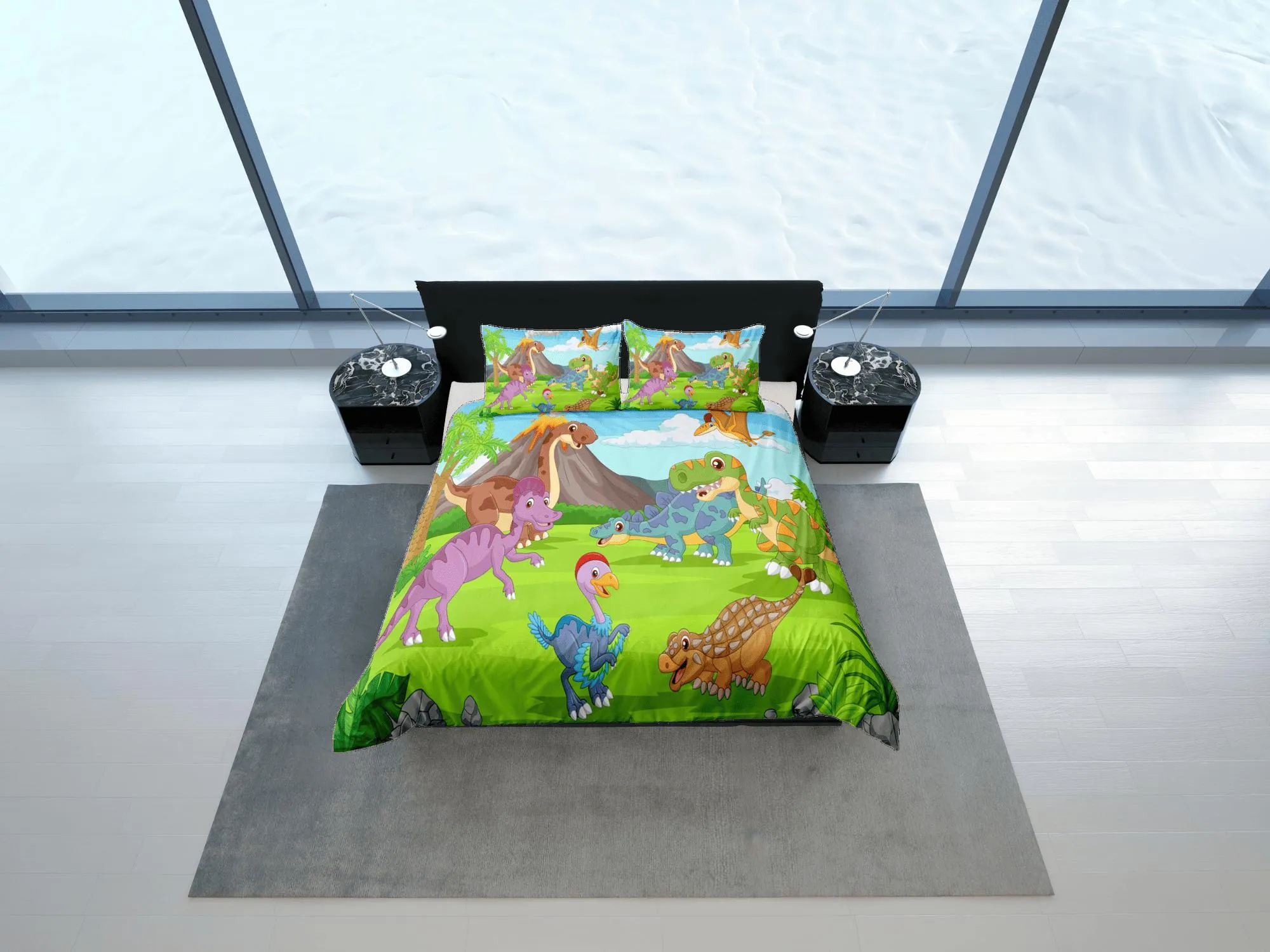 Volcano dinosaur bedding, kids bedding full, cute duvet cover set, dinosaur nursery bed decor, colorful bedding, baby dinosaur, toddler