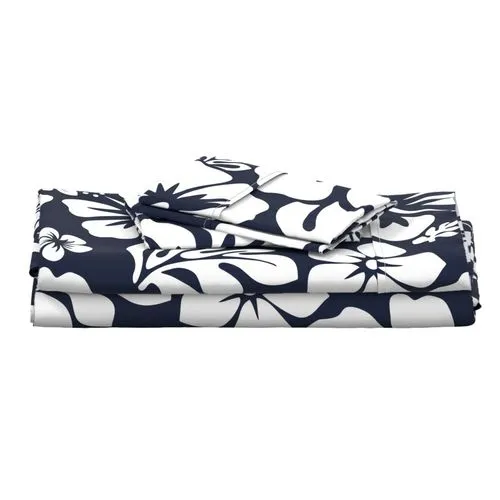 White Hawaiian Flowers on Navy Blue Sheet Set from Surfer Bedding™️ Medium Scale