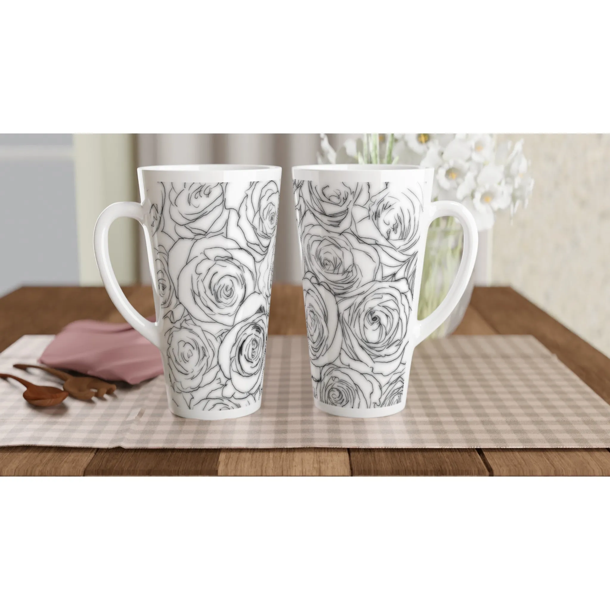 White Rose Top Mug White Latte 17oz Ceramic Mug