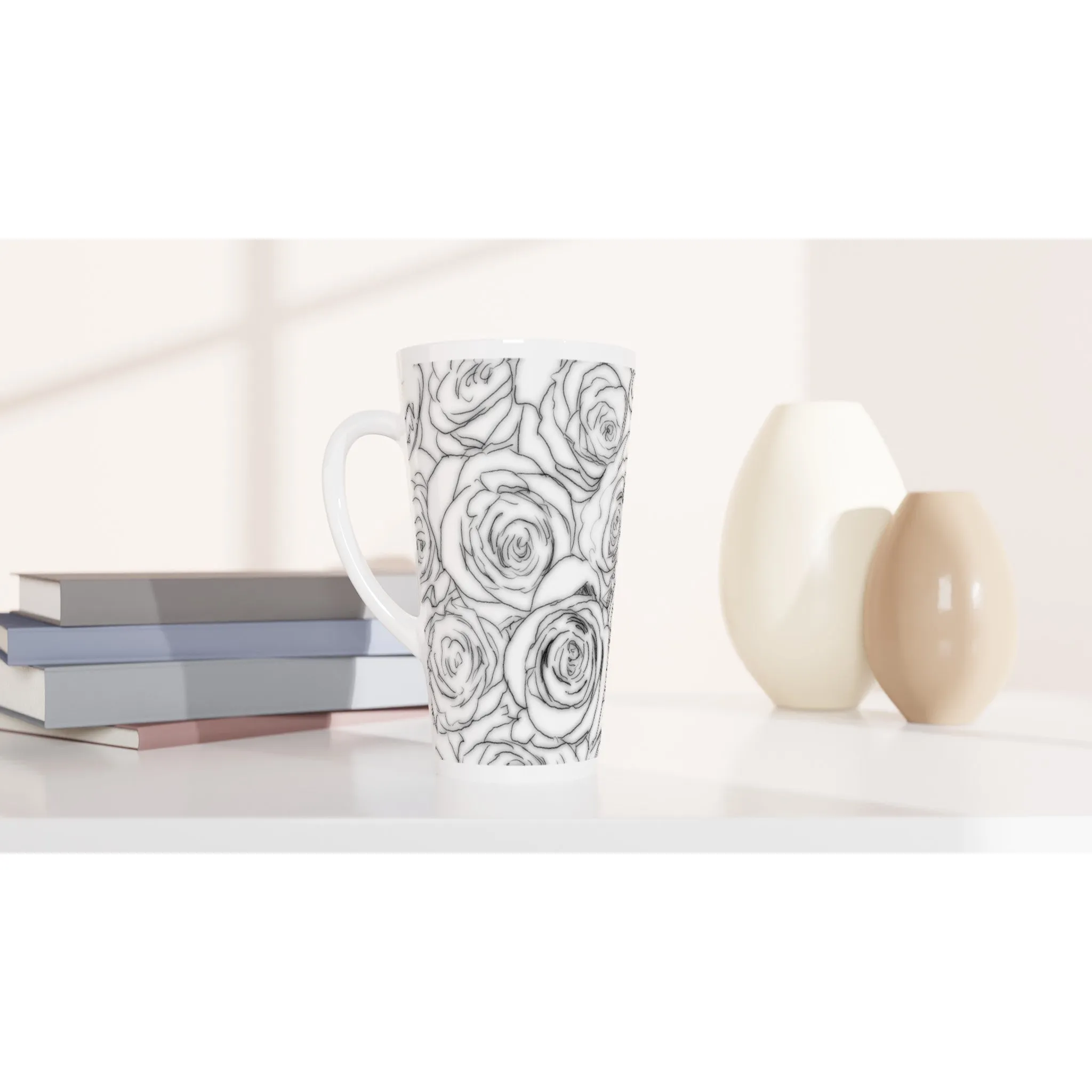 White Rose Top Mug White Latte 17oz Ceramic Mug