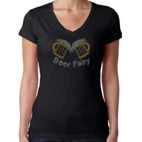 Womens T-Shirt Rhinestone Bling Black Fitted Tee Beer Fairy Drink Mugs Sparkle