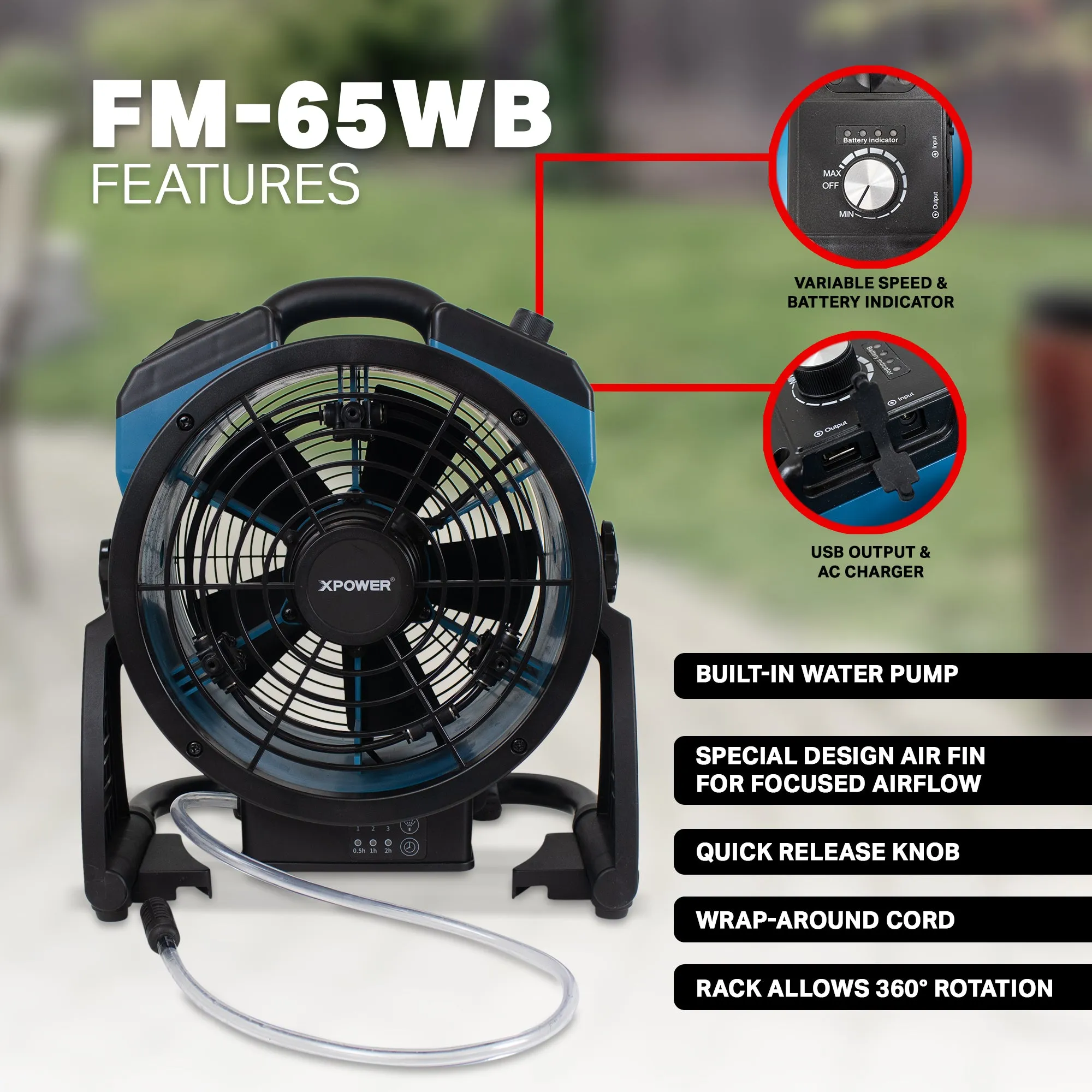 XPOWER FM-65WB Battery Powered Outdoor Misting Fan