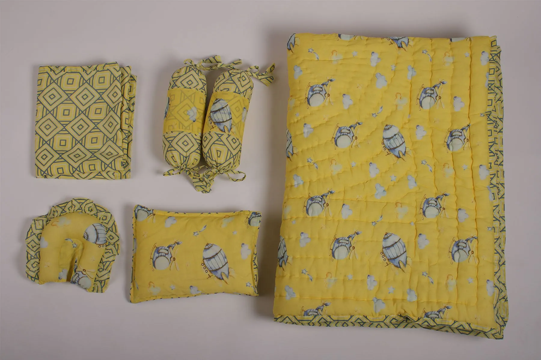 Yellow Helicopter Printed Baby Bedding Set Of 7 Pcs