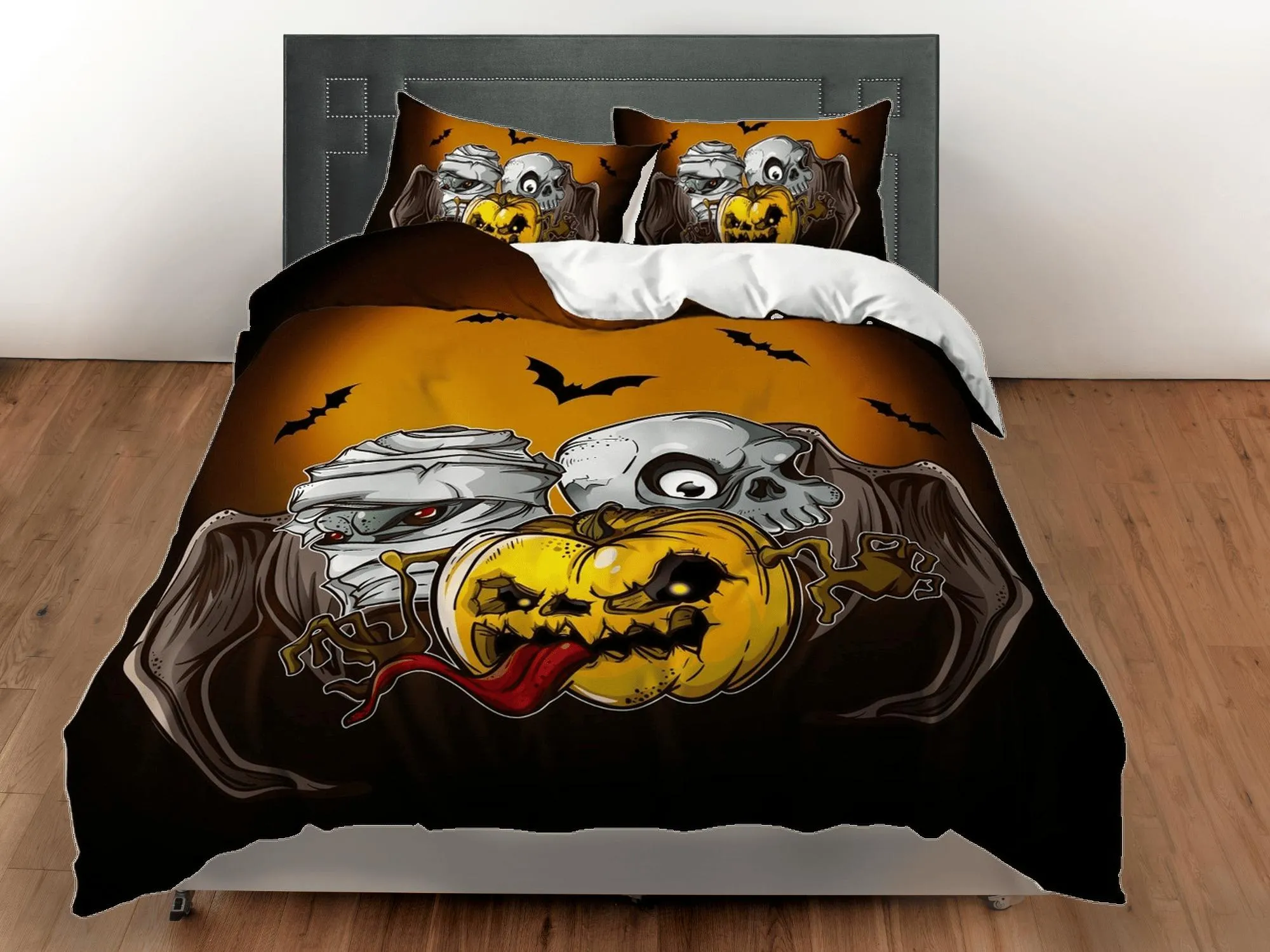 Zombie, mummy and pumpkin halloween bedding & pillowcase, gothic duvet cover, dorm bedding, halloween decor toddler bedding, halloween gift